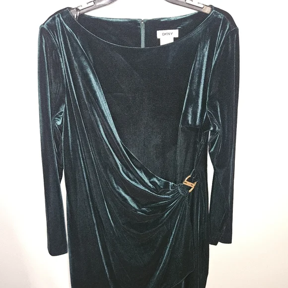 NWOT DKNY Long Sleeve Ruched Bodice Faux Wrap Velvet Midi Dress:Hunter Green: 16 - Picture 5 of 13